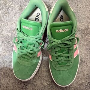 New adidas Green Suede Sneakers with Pink Stripes and White Accents never worn